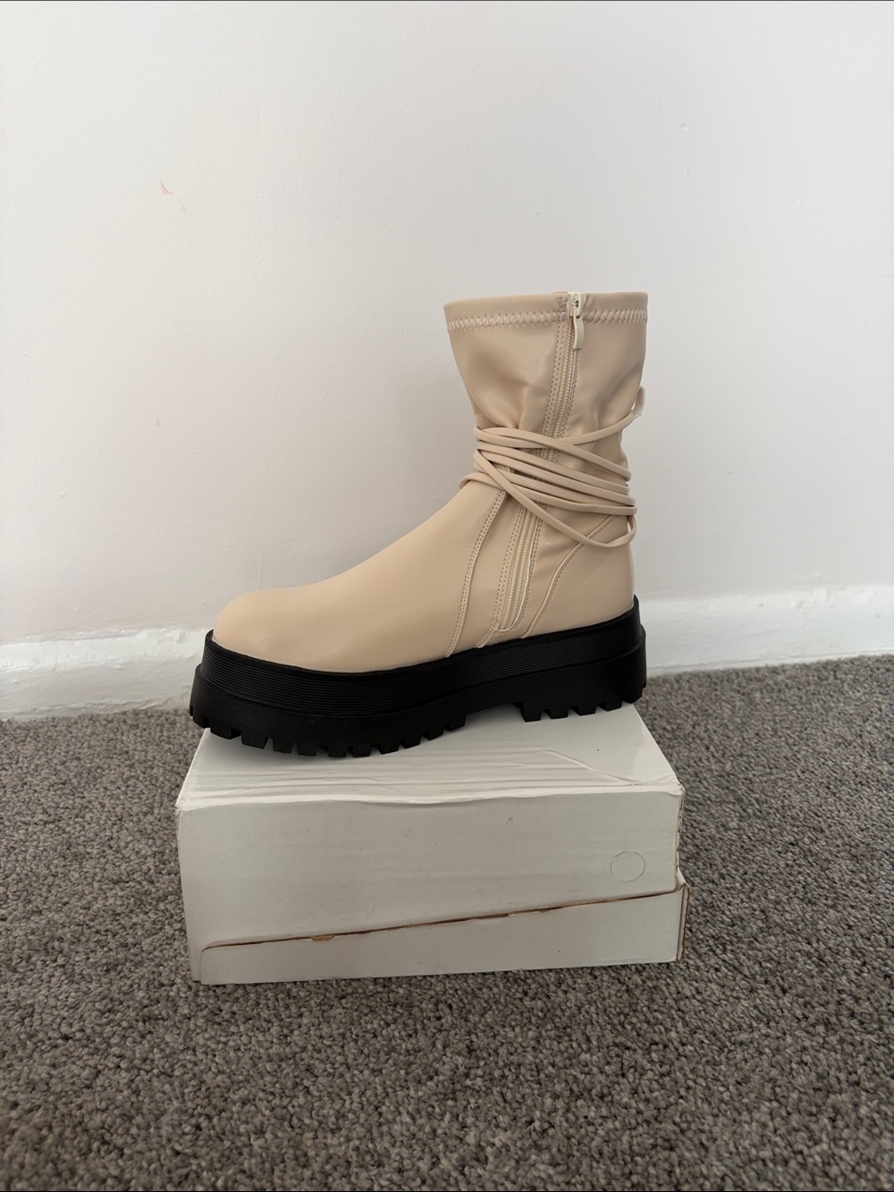 Shein Cream Lace-Up Platform Ankle Boots